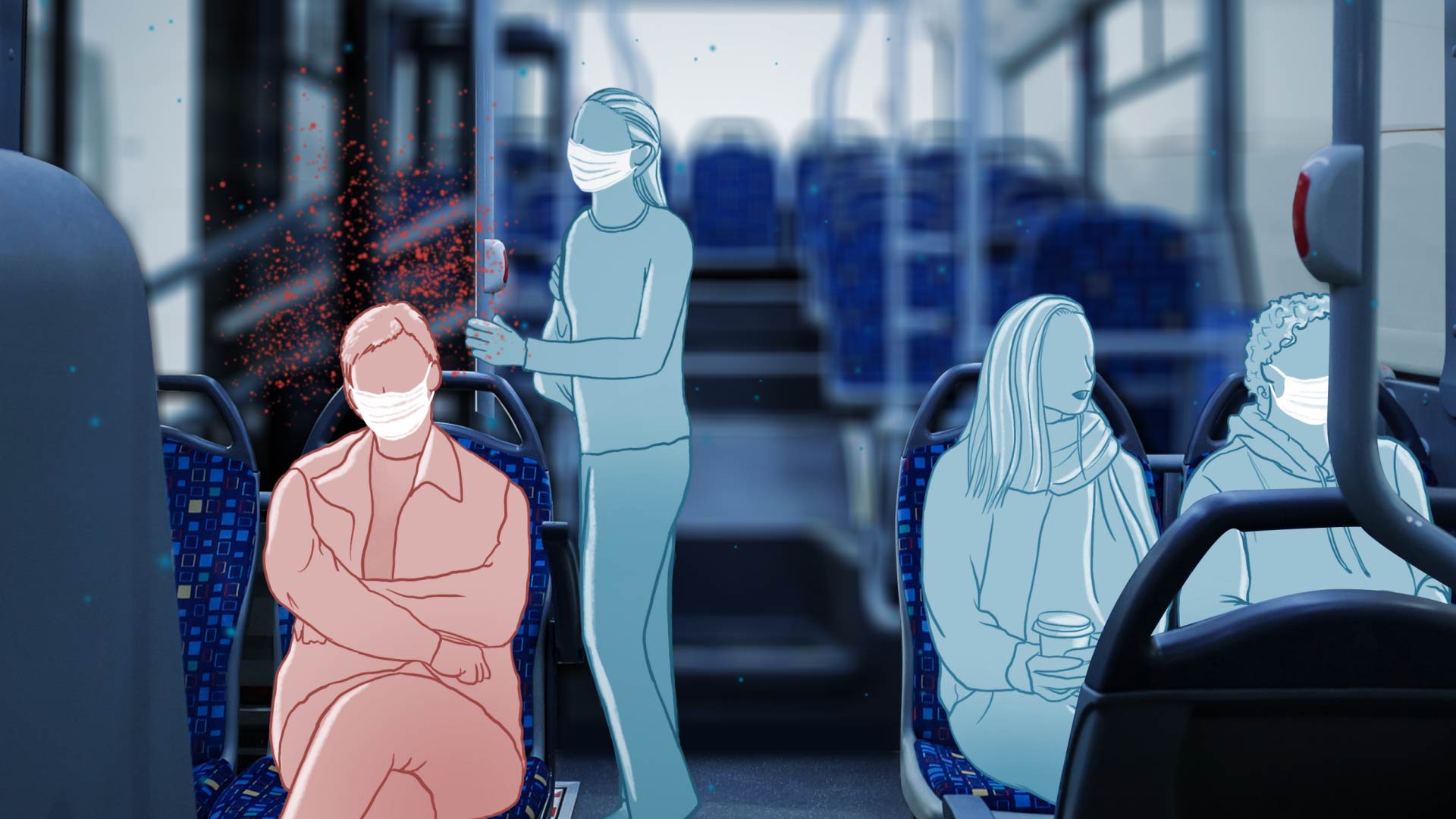 Menschen mit Masken sitzen und stehen in einem Bus. Eine Person trägt keine Maske.