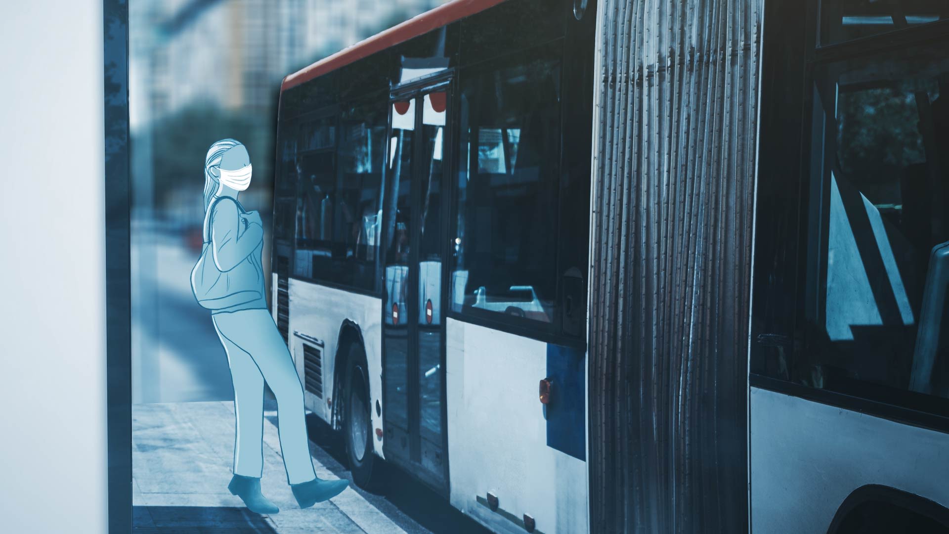 Eine Person mit Maske steigt in den Bus.