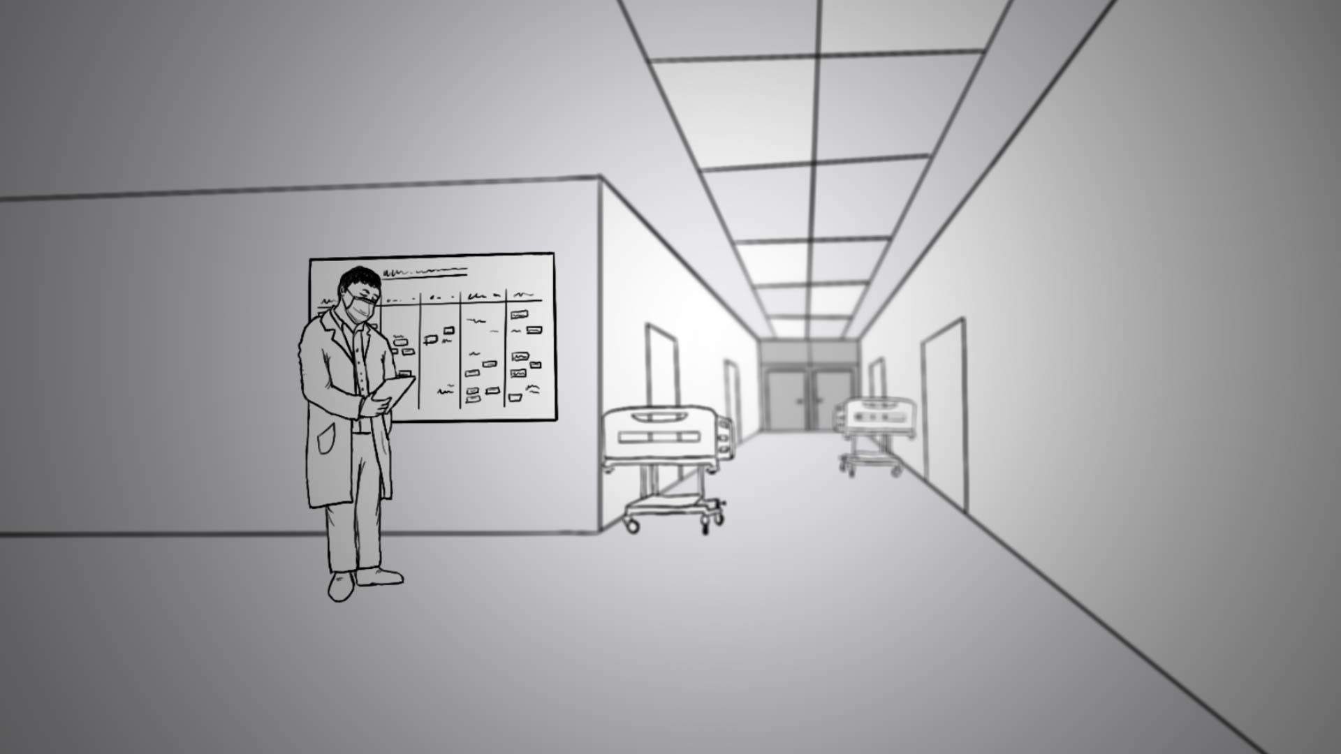 Grafik eines Krankenhausflurs. Es stehen Betten im Flur und ein Arzt an einer Planungstafel.