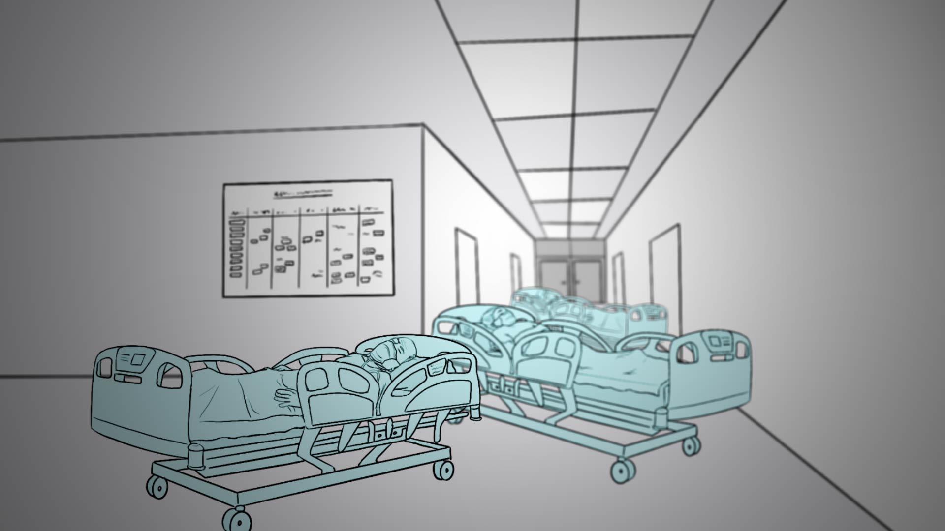 Grafik eines Krankenhausflurs. Es stehen Betten im Flur und ein Arzt an einer Planungstafel. Es stauen sich nun mehrere Betten auf dem Flur.