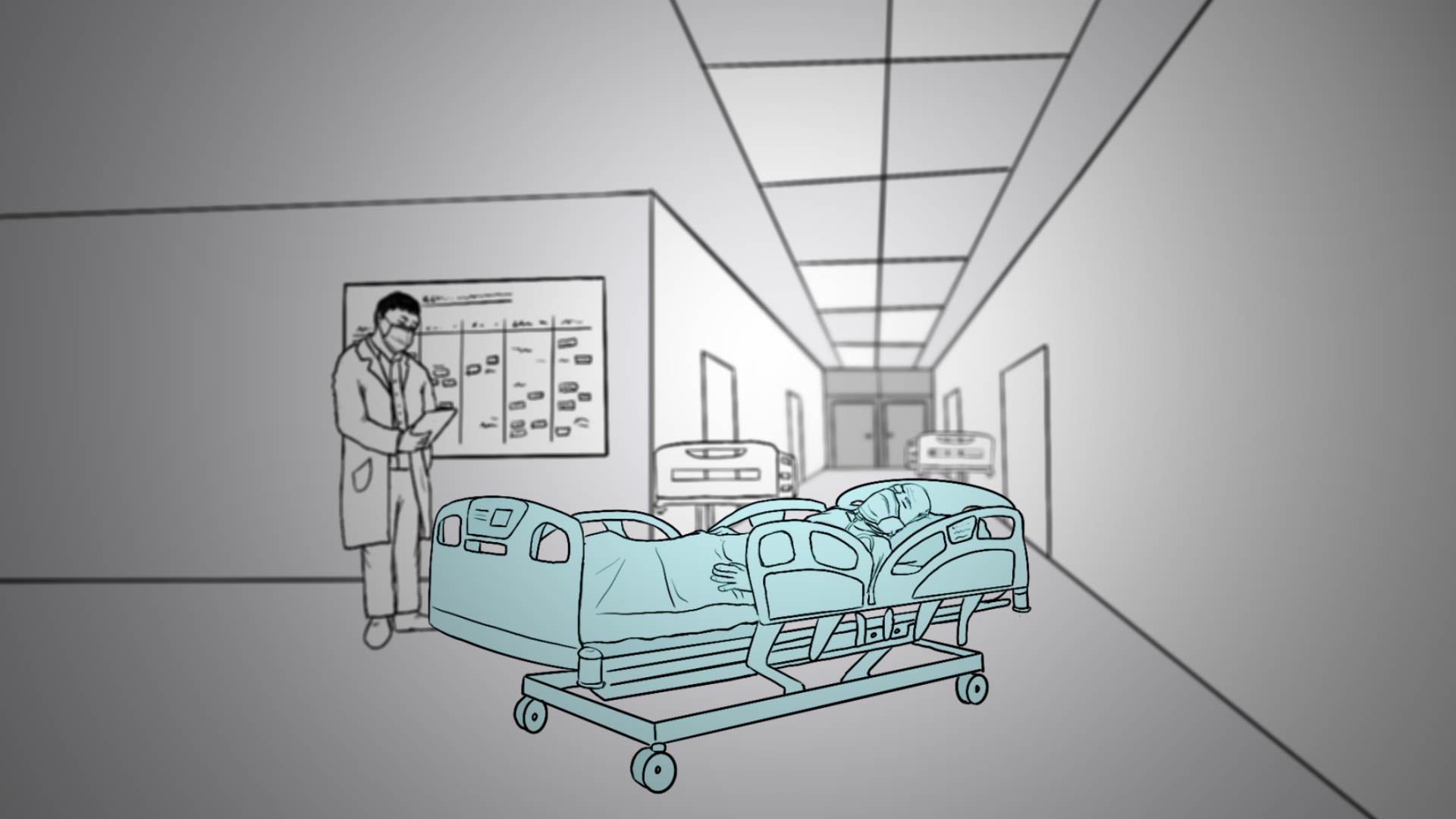 Grafik eines Krankenhausflurs. Es stehen Betten im Flur und ein Arzt an einer Planungstafel. Nun befindet sich ein Bett mit einer Person darin auf dem Flur.