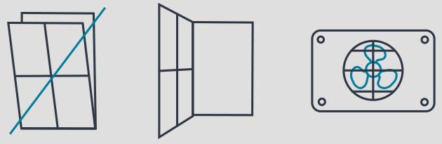 Grafische Darstellung eines gekippten Fensters, eines offenen und einer Lüftungsanlage.
