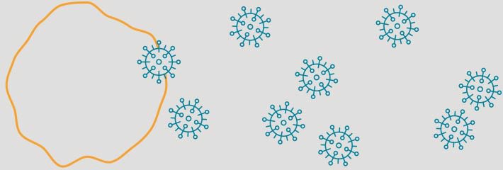Graphische Darstellung eines Aerosolpartikels und mehrerer Corona-Viren.