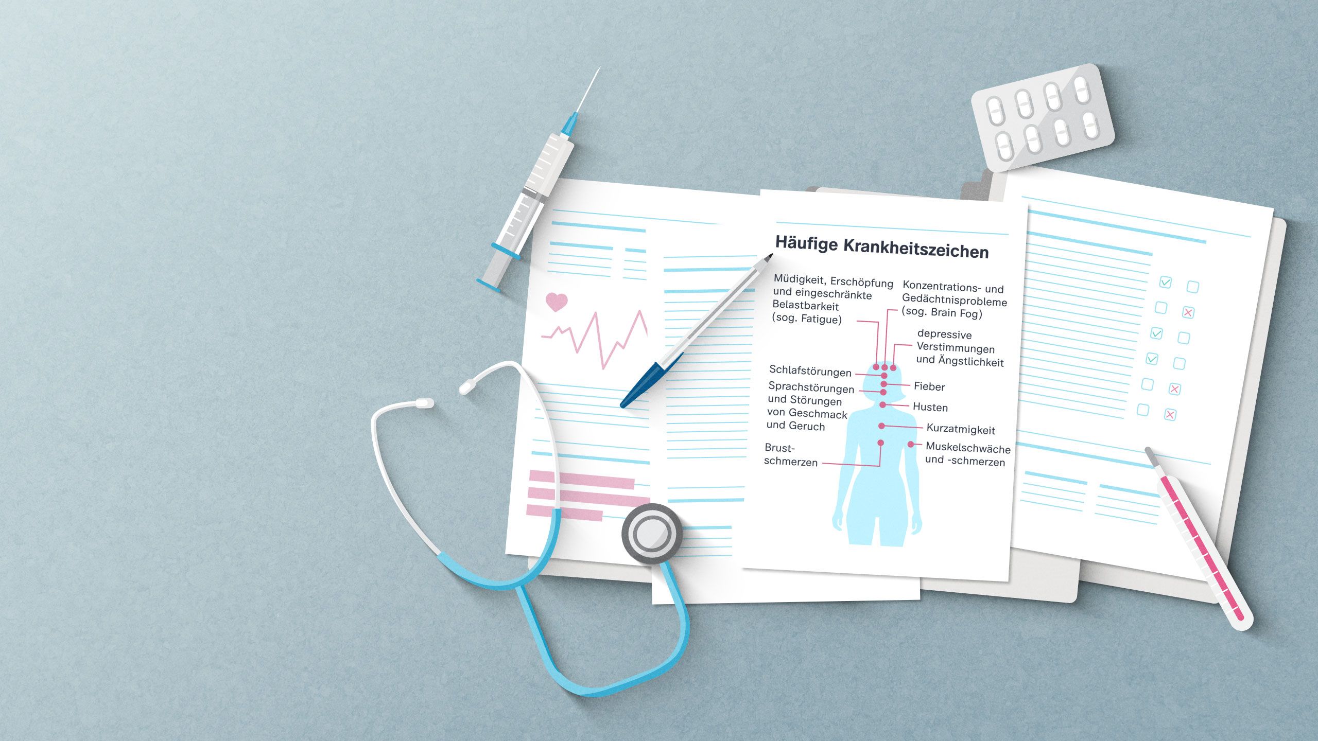 Schreibtisch mit Krankenakten, Übersicht der 7-Tage-Inzidenzen bei Kindern und Jugendlichen