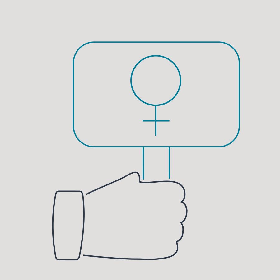 Icon: Hand hält Protestschild mit Frauen-Symbol drauf.